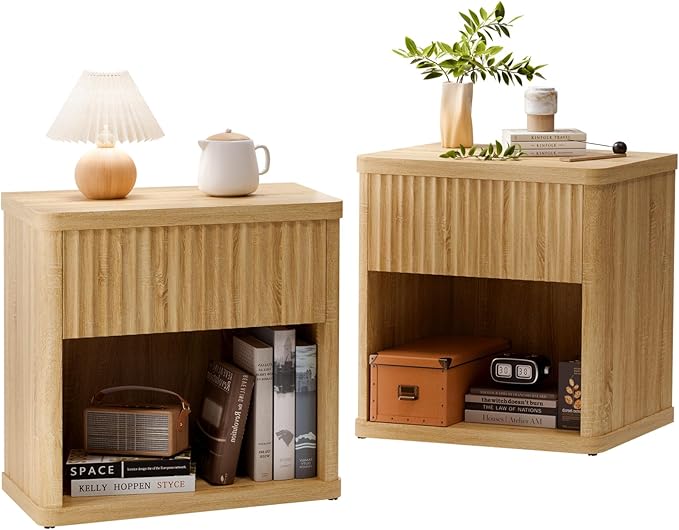 CMFYDAILY Fluted Night Stand Set 2, Large Wood Bedside Table Set of 2 Nightstands Set of 2 with Drawer and Storage Shelf for Bedroom, Small Spaces
