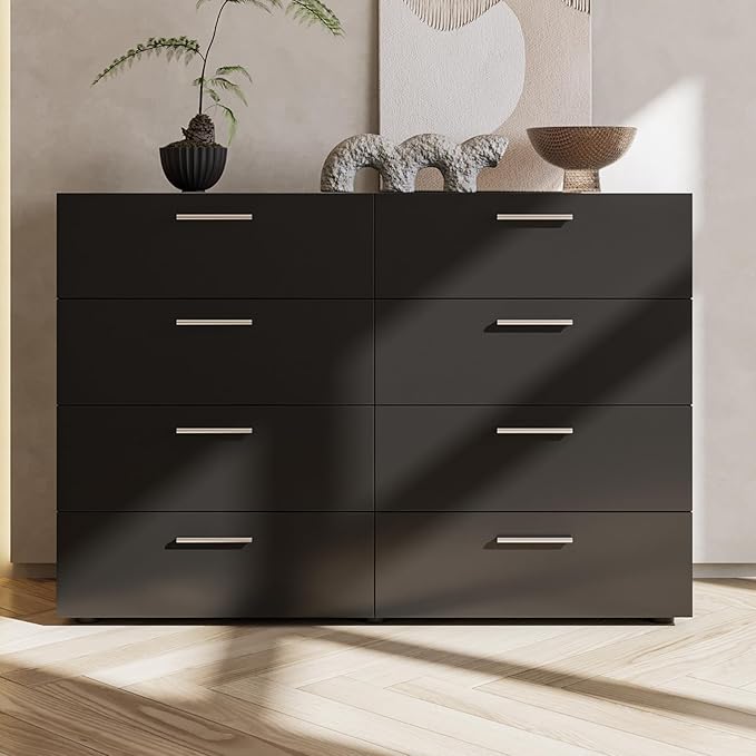 Karl home 8 Drawer Dresser, Wood Black Vanity Drawer Cabinet, Bedroom Storage Cabinet TV Stand, Large Dresser Storage Chest with Deep Drawers, Bedroom Furniture，55.1 * 31.5 * 15.7 inches