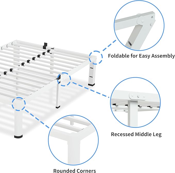 12 Inch White Queen Bed Frame, 3500Lbs Heavy Duty Metal Platform with Round Corner Legs Mattress Slide Stopper, Steel Slat Support No Box Spring Needed, Noise Free, Non-Slip, Easy Assembly