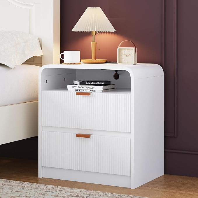 FURSUN 24" Fluted Nightstand with Charging Station, Wooden End Table with 2 Drawers Storage, Curved Profile Design, Modern Bedside Cabinet for Bedroom, White