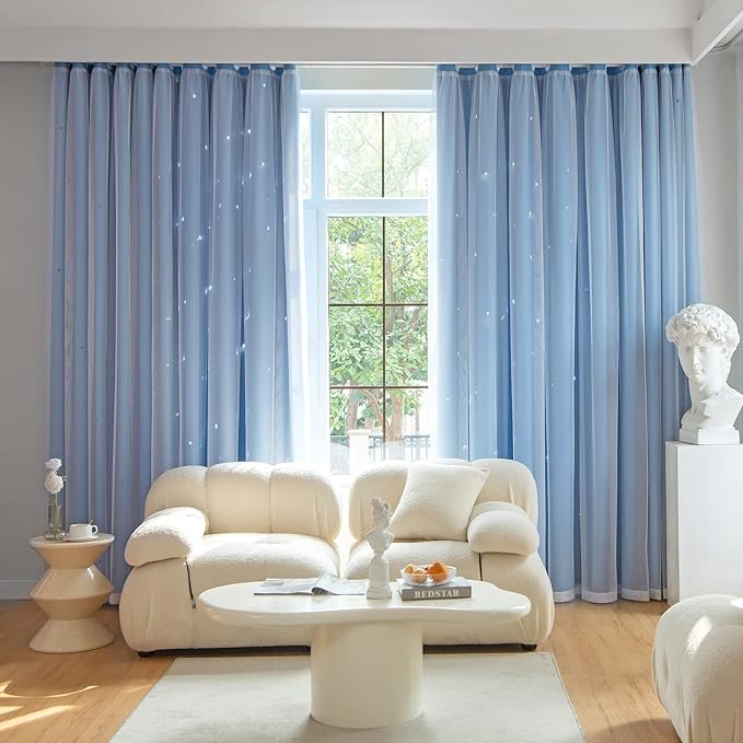 Star Double Layer Blackout Curtains for Bedroom, Kids - Cute, 72 Inch Long 2 Panel Set, Blue, 42 x 72 Inch