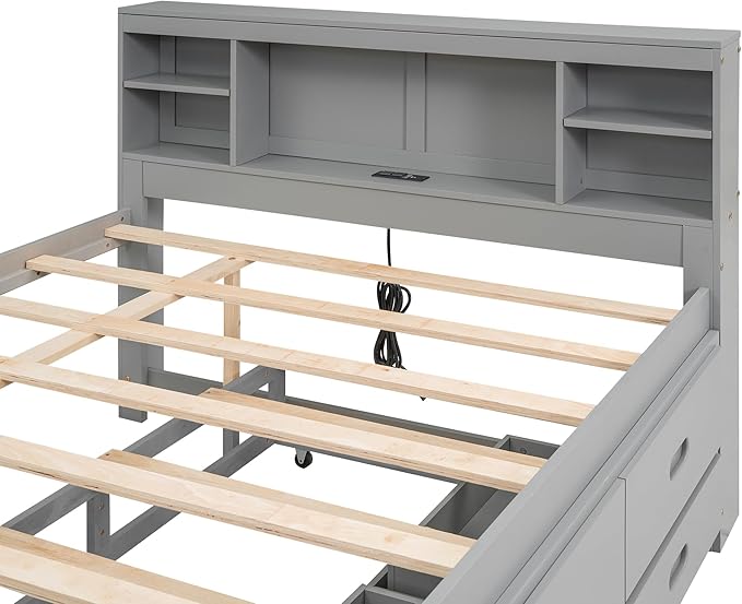 Platform Bed with Storage Headboard, USB, Twin Size Trundle and 3 Drawers, Full Size, Gray