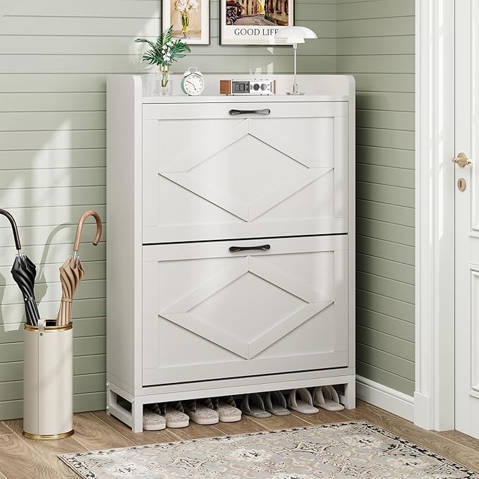 Shoe Cabinet, Shoe Storage Cabinet with 2 Flip Drawers & Adjustable Shelf, Space-Saving Shoe Organizer – Holds 12+ Pairs, Narrow Shoe Cabinet Storage for Entryway/Hallway（White）