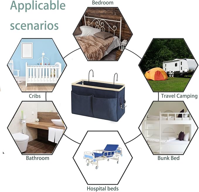 Someteth Bedside Caddy Bedside Hanging Storage Basket Multi-Function Organizer Caddy for Bunk and Hospital Beds Dorm Rooms Bed Rails, Can be Placed Glasses Books Mobile Phones（Navy Blue）
