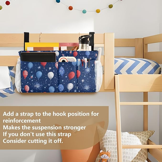 Bedside Caddy Hanging Bunk Bed Caddy Bed Organizer Hanging Pocket with 2 Hooks Bedside Storage Organizer Pocket Bag Holder Navy Blue Patriotic Balloons Fireworks