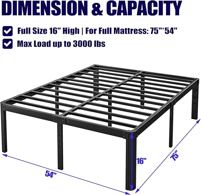Hunlostten 16" Full Size Bed Frame No Box Spring Needed, Heavy Duty Metal Platform Bed Frame Full with Round Corners, Easy Assembly, Noise Free, Black