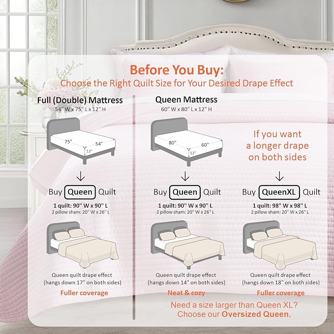 KASENTEX Queen Quilt Set 90"x90" – Soft Washed 3-Layer Lightweight Bedspread, Minimalist Nordic Design, All-Season Spring & Summer Quilt Set (1 Quilt + 2 Pillow Shams), Pink