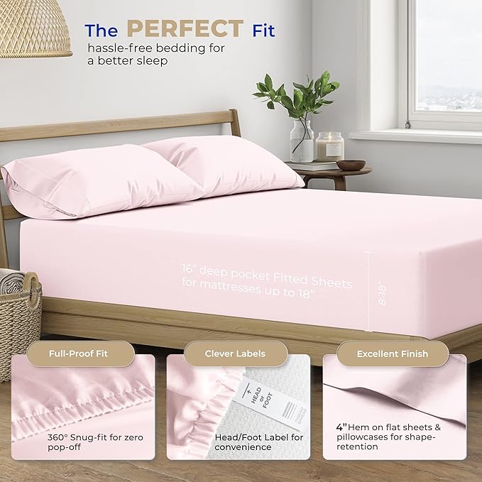 THREAD SPREAD 100% Cotton Bed Sheets Queen Set - 400 Thread Count Cotton Queen Sheets Only, 4 PC Set (Blush), Ultra Soft, Breathable, Cooling, Sateen Weave 16" Deep Pocket Bedsheet for Hot Sleepers