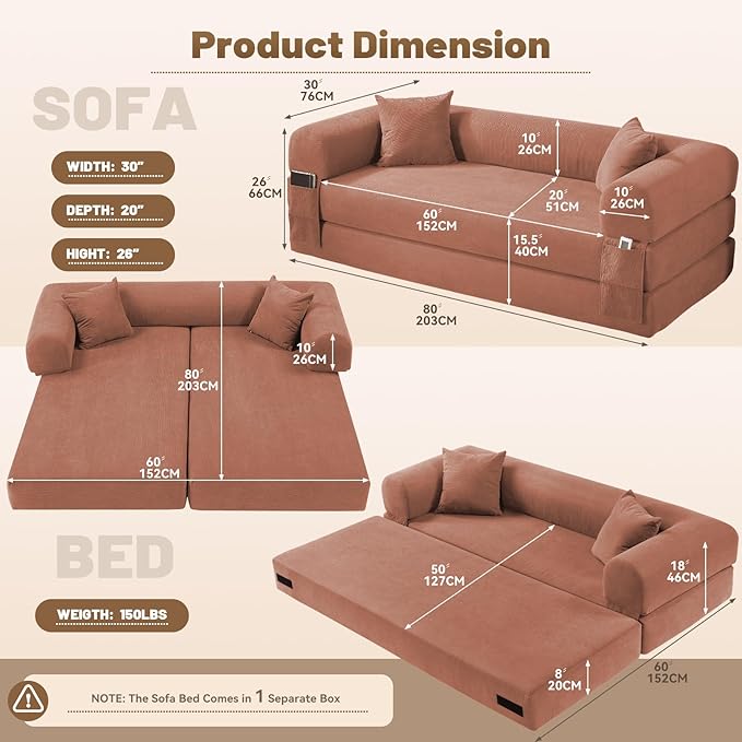 80" Convertible Sofa Bed,Corduroy Folding Sleeper Sofa Bed Queen with Pillows & Storage,Modular Pull Out Couches Boneless Couch for Living Room,Compressed Couch in a Box,Pink