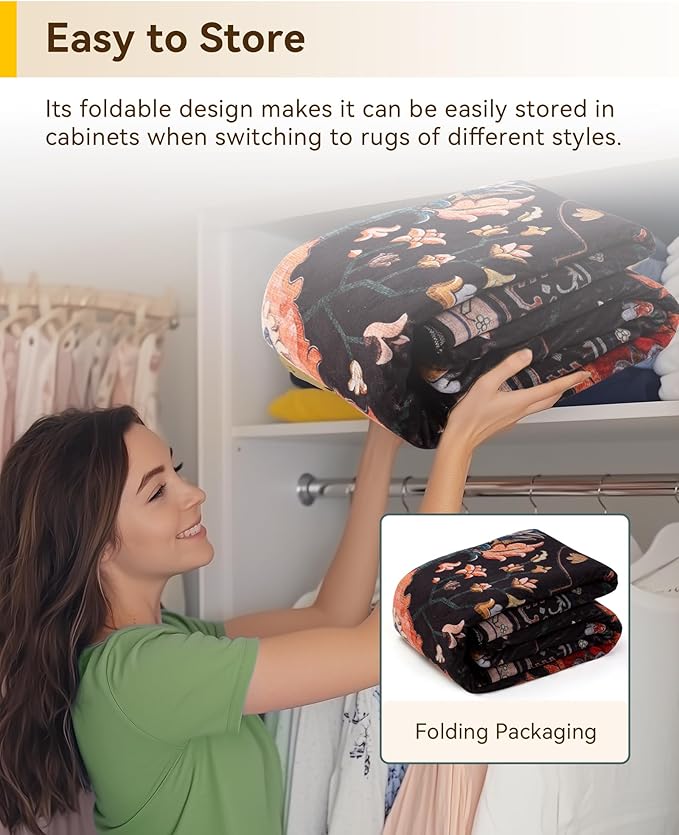 Area Rugs 3'x12' Washable Non-Slip, Floral Vintage Distress Print Pattern Medallion Carpet for Living Room Bedroom Dining Room, Black Colorful Floral Dark Tan