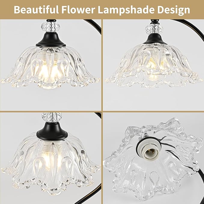 Table Lamp for Bedroom,Crystal Glass Beside Lamp,Plug in Dimmable Black Lamp Flower Nightstand Lamp for Living Room, Office, Desk, Home Decor