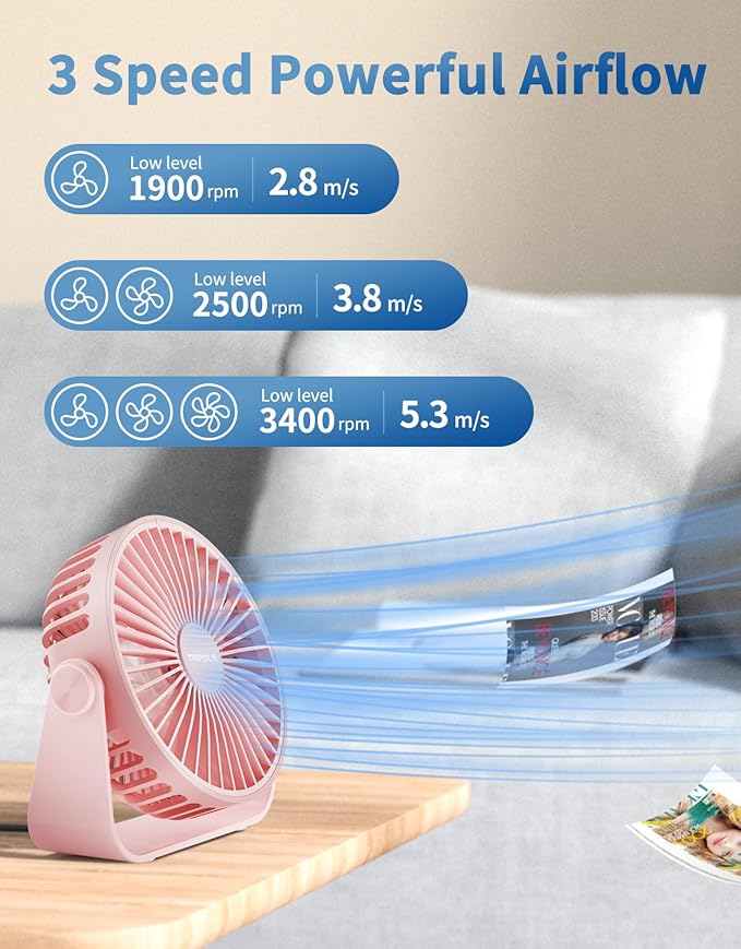 TriPole USB Desk Fan Portable Mini Fan Powerful 3 Speeds Wind Personal Desktop Fan with 360° Head Rotation for Home Office Car Indoor Outdoor Pink, No Battery, 4.5 Inches