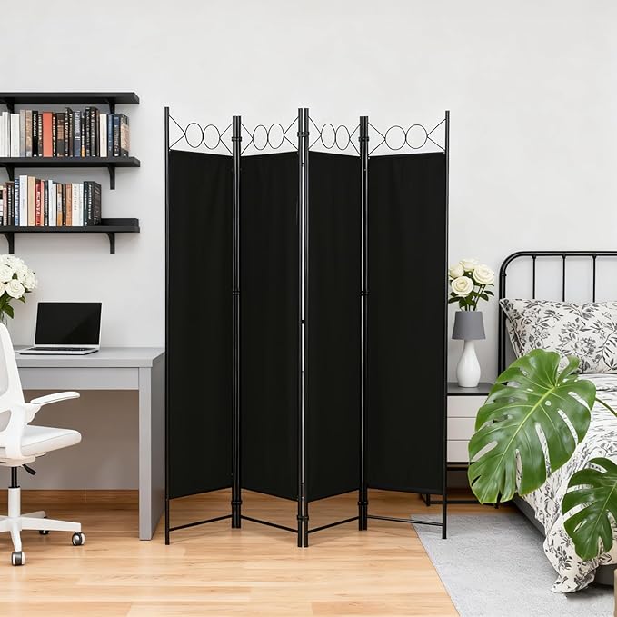 DUMOS 4 Panel Partition Room Divider, 6 Ft Tall Folding Privacy Screen, Freestanding Partition with Steel Frame, Easy Move & Storage, for Home, Office, Bedroom, Black