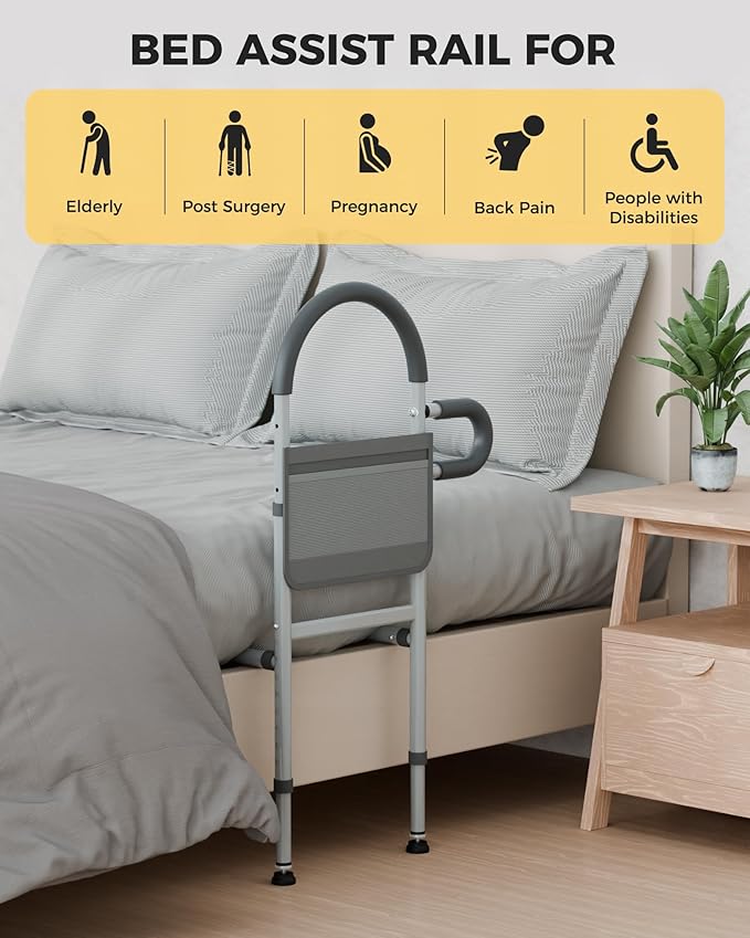 JivaJot Bed Rails for Elderly Adults Safety, Bedrails for Elderly Adults Grab Bar Bed Handrails, Cane for Seniors with Non-Slip Ergonomic Handle and Storage Pocket, Fit Twin, Full, Queen, King