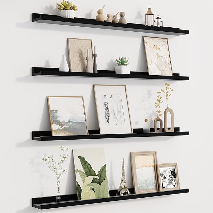 Fun Memories Picture Ledge Shelf for Wall, Floating Shelves Set of 4, 36 Inch Long Nursery Book Shelves for Toys Storage, Kids Bookshelf Wall Mounted for Books Photo Frames, Black