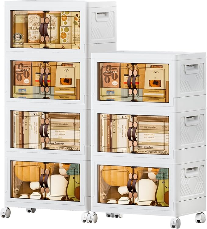 JEKO&JEKO 247Qt Stackable Storage Bins with Lids and Wheels, Foldable Collapsible Plastic Boxes for Clothes, Home, White, 7Pack