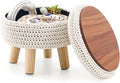 LGENHOOM Round Storage Ottoman Foot Rest Cotton Braided Foot Stool Pouf Ottoman with Solid Wood Legs Footstool with Storage Shoe Changing Stool for Living Room White