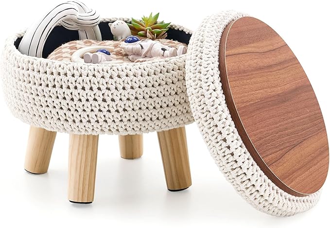 LGENHOOM Round Storage Ottoman Foot Rest Cotton Braided Foot Stool Pouf Ottoman with Solid Wood Legs Footstool with Storage Shoe Changing Stool for Living Room White
