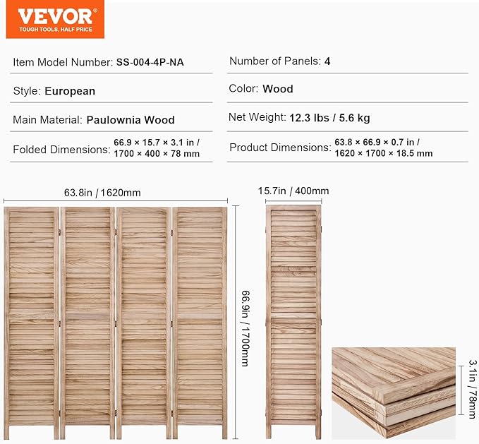VEVOR Wood Room Divider, 4 Panel Wood Folding Privacy Screen, 66.9 Inches Tall Indoor Louvered Wooden Partition, Portable Decoration Screen, for Room Separation, Home, Office, Restaurant & Bedroom