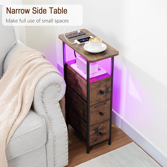 LOAKEKEL Narrow End Table Living Room with Charging Station, Skinny Side Table with Fabric Drawers, Slim LED Nightstand for Bedroom, Small Spaces, Couch, Rustic Brown, HETNDP03LPBR-1