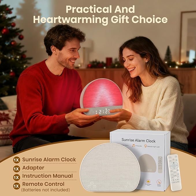 Sunrise Alarm Clock Sound Machine, Wake Up Light - Bluetooth Speaker, Dual Alarms, Dimmable Clock, USB Charging, Snooze, 37 Sleep Sounds, 15 Colors, Timer-Night Light for Heavy-Sleepers Gift