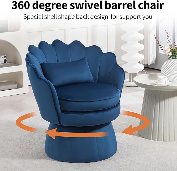 360° Swivel Accent Chairs Set of 2, Mid-Century Modern Velvet Barrel Chair, Comfy Shell Shape Arm Chair with Lumbar Pillow for Living Room, Bedroom, Office, Dark Blue