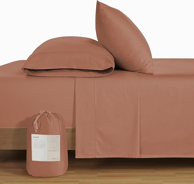 LANE LINEN Bed Sheets Queen Size – Premium 600 Thread Count Long-Staple 100% Cotton Sheets Queen Size Set, Hotel Luxury Soft & Cool Sateen Finish, Fully Elasticized 15" Deep Pocket – Rose Dawn