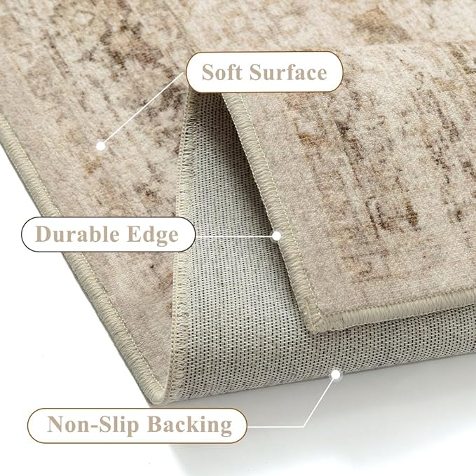 Beige 6x9 Area Rug Non Slip Vintage Living Room Distressed Machine Washable Carpet Retro Indoor Bedroom Traditional Floral Accent Throw Rug for Office Kitchen Dorm Dining Room