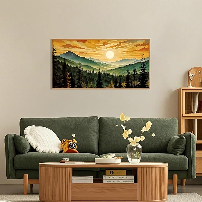 LHIUEM Large Boho Sunset Mountain Framed Canvas Wall Art,Retro Pine Tree Wall Decor,Nature Foggy Forest Wall Painting,Bohemian Landscape Artwork for Living Room,Bedroom,Dining Room,Office -20"x40"x1