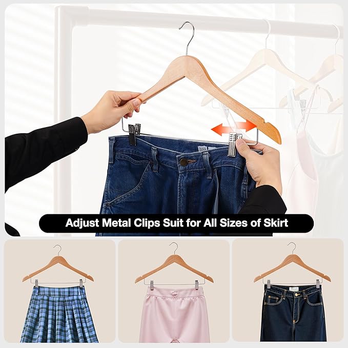 Wooden Hangers with Clips 24 PCS Pants Hangers with Clips,Smooth Solid Wooden Pants Hangers,360 Swivel Hooks & Adjustable Clips,for Jeans,Skirt,Suit,Shorts,Scarf.