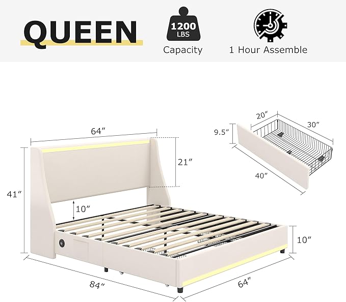 VECELO Queen Size Bed Frame with Storage Drawers, Upholstered Platform Bedframe with Wingback Headboard, No Box Spring Needed, Beige