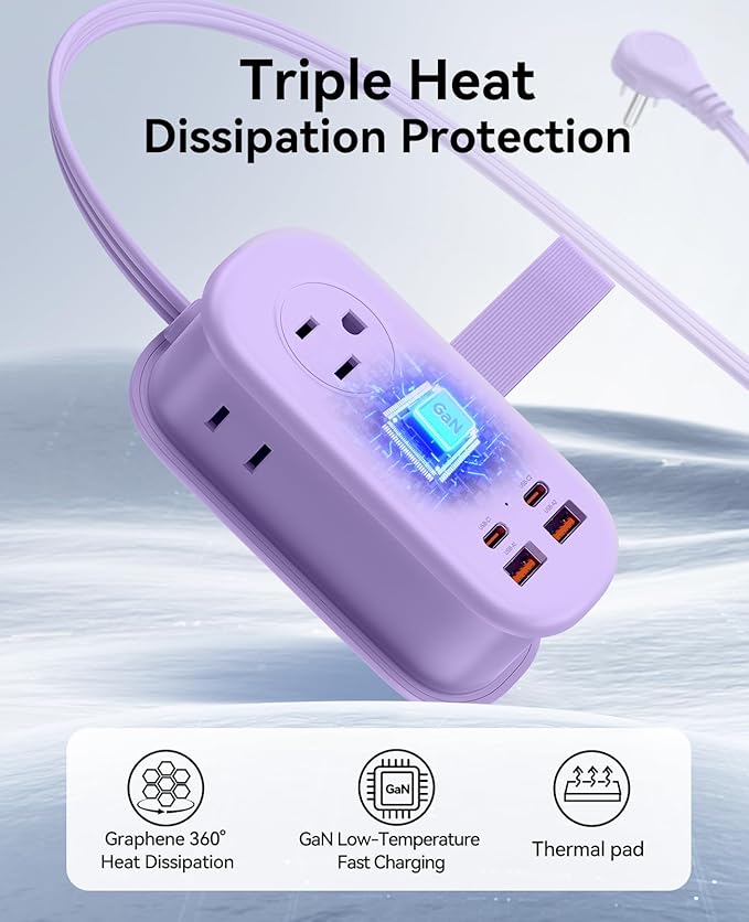 ORICO 65W GaN Travel Power Strip with 7-in-1 Charging Ports (3 AC Outlets/2 USB-A/2 USB-C), Flat Plug and 4FT Extension Cord, Fast Charger for MacBook Pro/Air, iPad Pro, iPhone 17/16/15- AP3