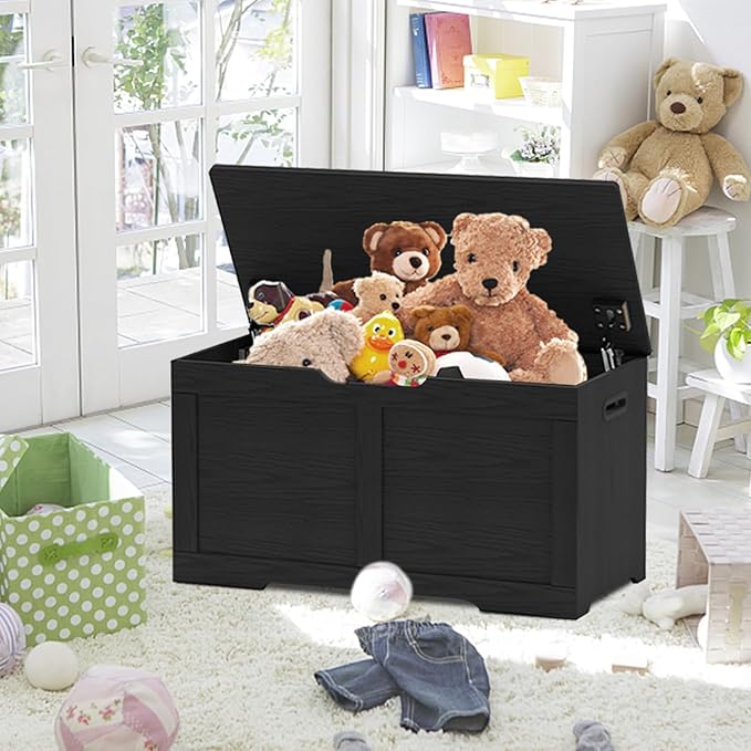 Timberer 31.5" Storage Chest, Wooden Storage Bench, Lift Top Toy Chest with 2 Safety Hinges, Large Toy Box, Entryway Shoes Bench for Living Room, Bedroom, Black