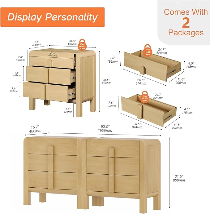 WAMPAT Modern 3-Drawer Nightstand Set of 2, 31.5" Tall Nightstand End Table w/Curved Profile Design,Wooden Bedroom Dresser with Large Chest of Drawers,Bed Side Table for Bedroom,Living Room, Oak