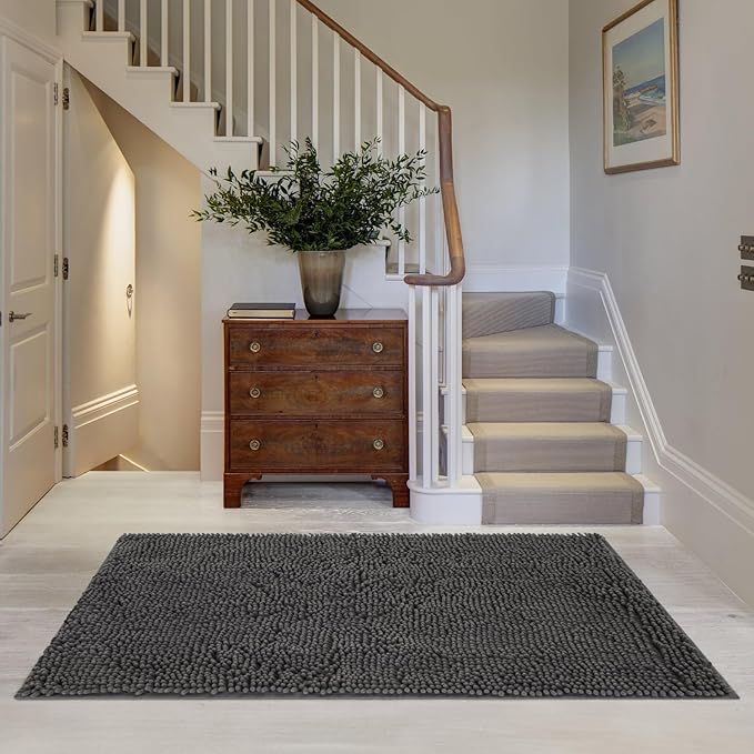 Dog Door Mat for Muddy Paws, 48" x 24" Chenille Absorbent Front Door Mat Inside, Large Runner Mud Mat for Dogs, Trap Dirt Washable Non Slip Outdoor Indoor Entrance Doormats, Grey