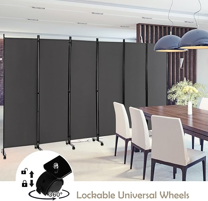 GOFLAME 6 Panel Folding Room Divider, 6FT Rolling Privacy Screen with Lockable Wheels, Portable Room Partition Screen, Freestanding Wall Divider and Separator for Home Office, Grey
