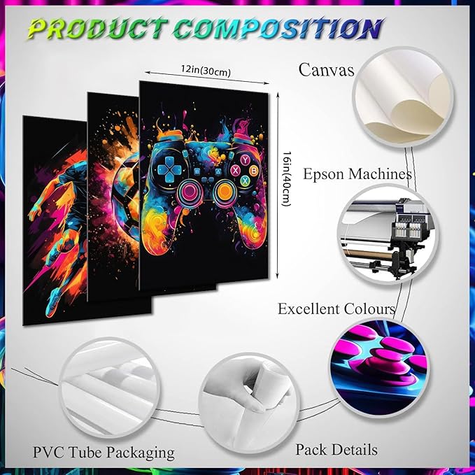 Canvas Wall Art Poster Decor, Paintings Art Game Controller Color Splash Ink Canvas Painting, Posters for Room Aesthetic, Soccer Wall Art for Boys Room Decor 12x16 - Unframed Set of 3