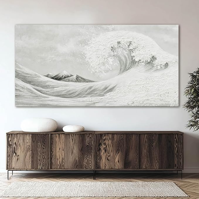 YETHEN WAL Neutral Grey Wave Wall Art – Textured Coastal Canvas Print with Hand-Painted Details, Minimalist Modern Seascape for Living Room Bedroom, 24×48 Inch