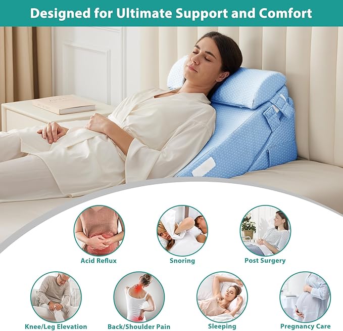Bedluxe 3Pcs Orthopedic Bed Wedge Pillow Set, Foam Wedge Pillow Post Surgery for Back, Leg and Knee Support, Adjustable 9&12 Inch Folding Triangle Pillow for Sleeping, Acid Reflux, Snoring, Light Blue