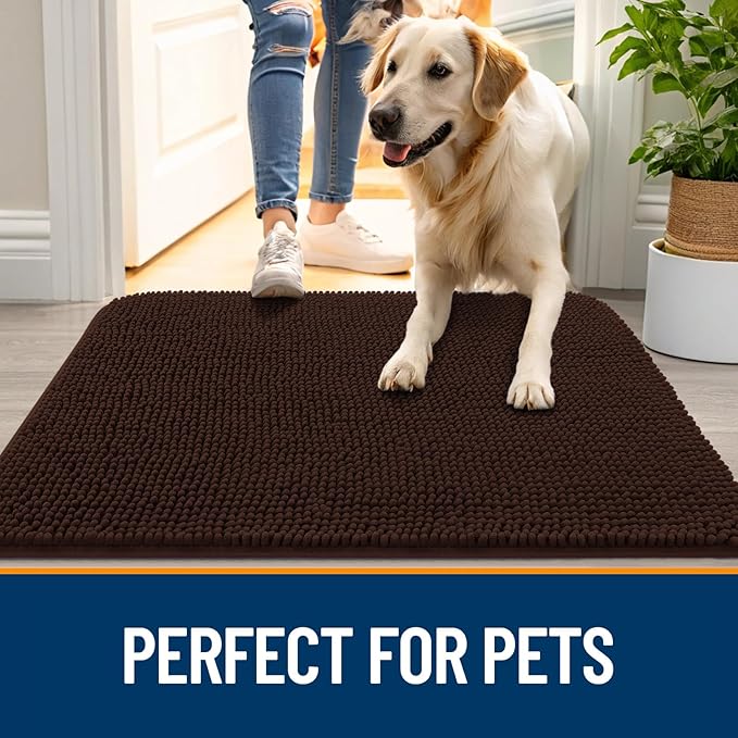 OLANLY Dog Door Mat for Muddy Paws 35x24, Absorbs Moisture and Dirt, Absorbent Non-Slip Washable Doormat, Quick Dry Chenille Mud Mat for Dogs, Entry Indoor Entryway Carpet for Inside Floor, Brown
