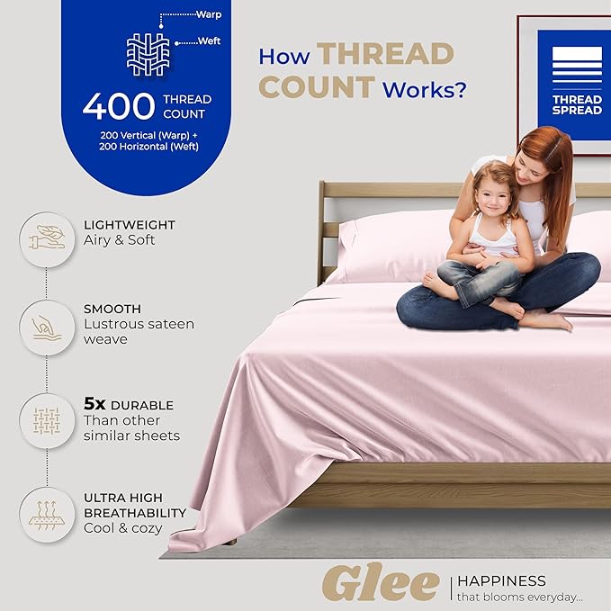 THREAD SPREAD 100% Cotton Sheets Full Size Set - 400 Thread Count 4 PC Full Size Sheet Sets Cotton, (Blush), Ultra Soft, Breathable, Cooling, Sateen Weave 16" Deep Pocket Bedsheet for Hot Sleepers