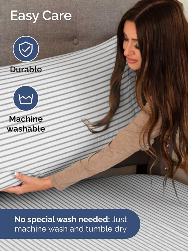 Extra Deep Twin Sheet Set - 4 Piece Breathable and Cooling Sheets - Hotel Luxury Bed Sheets Set - Easy Fit - Soft, Wrinkle Free and Comfy Sheets Set - Grey Striped Sheet Set with Extra Deep Pockets