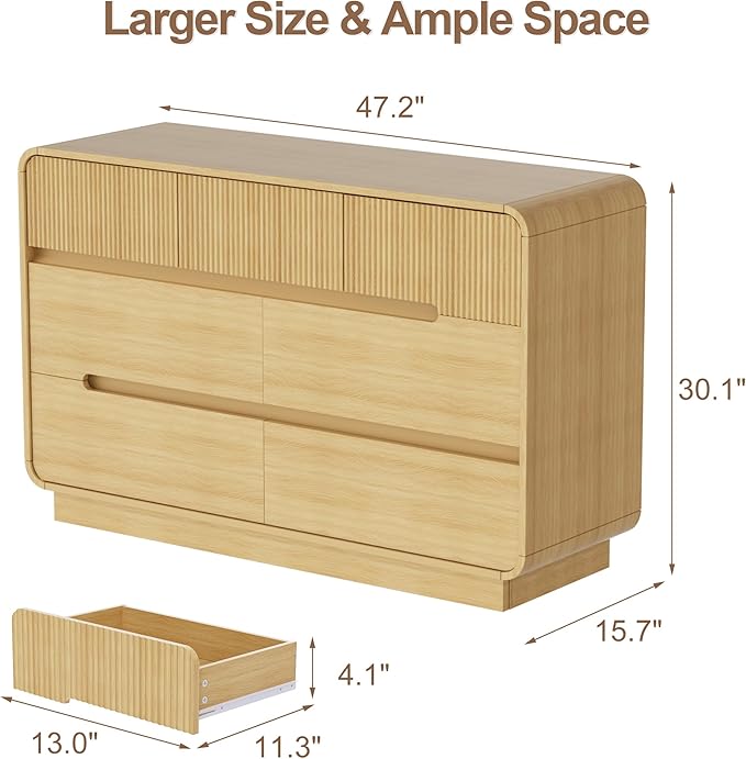 7 Drawer Dresser and 2 Nightstand Sets for Bedroom 3 Pcs Bedroom Set, Modern 47.2" Fluted Dresser with Invisible Handles Nightstand Charging Station, Bedroom Furniture Set for Living Room, Natural