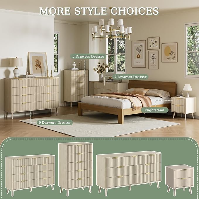 LYNSOM Fluted 5 Drawers Dresser, 45" Tall Modern Chest of Drawers with Curved Profile Design and Metal Handle, Wood Drawer Organizer for Bedroom, Living Room, Hallway, Entryway, Beige