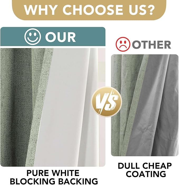 H.VERSAILTEX Linen Blackout Curtains 72 Inches Long 100% Absolutely Blackout Thermal Insulated Textured Linen Look Curtain Draperies Anti-Rust Grommet, Energy Saving with White Liner, 2 Panels, Sage
