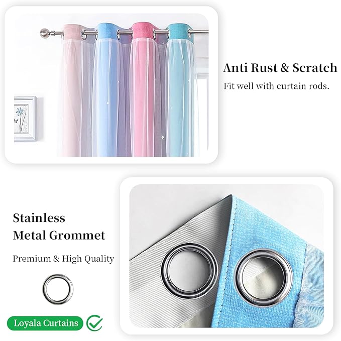 Star Blackout Curtains for Bedroom - Cute Kids Rainbow Curtains, 72 Inch Long 2 Panels, Beige, Blue & Pink