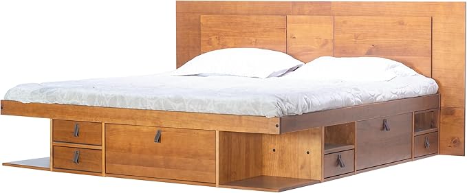 memomad Bali Slim Set: Storage Platform Bed with Drawers + Flat Panel Headboard (King Size, Oak Brown Wood)