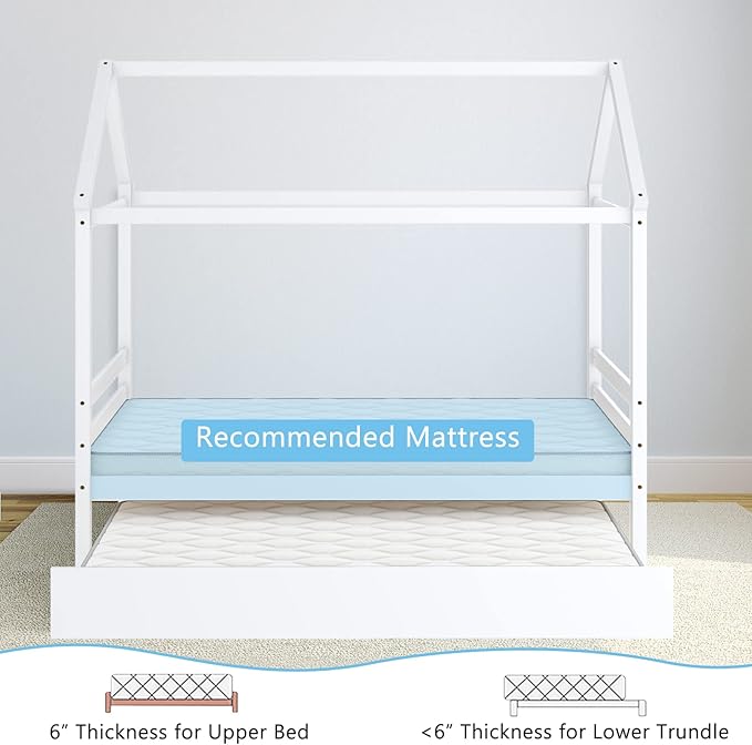 Giantex House Bed with Trundle, Solid Wood Twin Size Daybed for Girls & Boys, Kids Platform Bed Frame with Roof for Bedroom, No Box Spring Needed, White