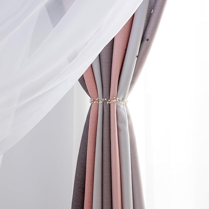 Star Blackout Curtains - Bedroom Cute Kids Rainbow, 63 Inch Long 2 Panels, Pink & Grey, 42 X 63 Inches