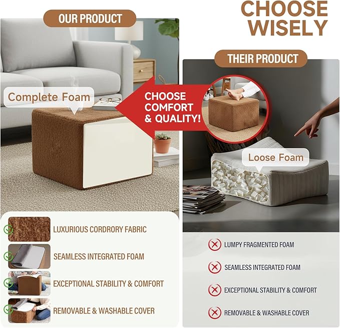 Tiita Pouf Ottoman and Foot Rest, Square Foam Stuffed Floor Pouf with Storag for Living Room, Brown